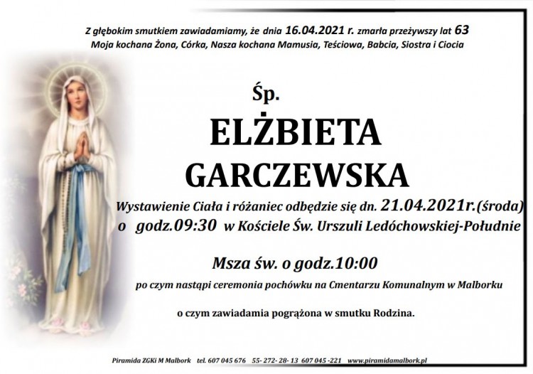 Zmarła Elżbieta Garczewska. Żyła 63 lata.