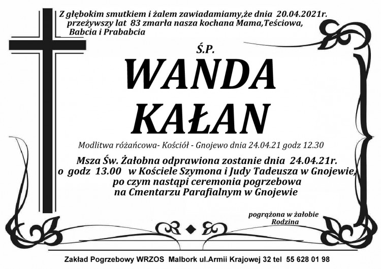 Zmarła Wanda Kałan. Żyła 83 lata.