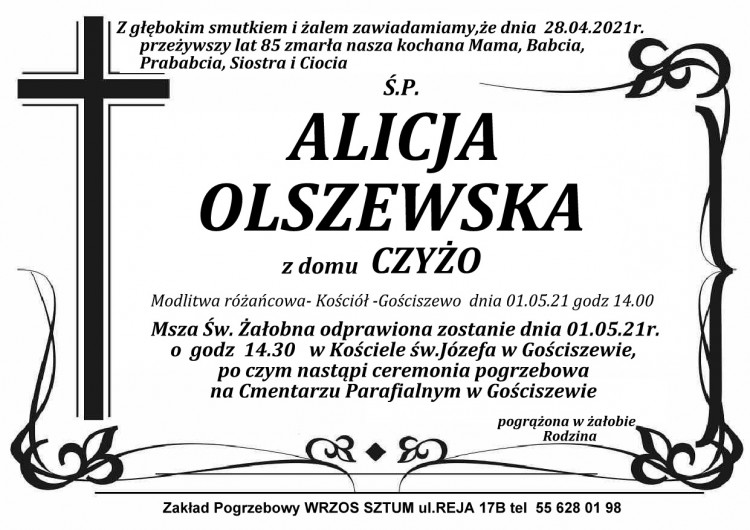 Zmarła Alicja Olszewska. Żyła 85 lat.