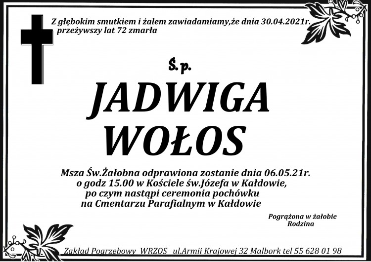 Zmarła Jadwiga Wołos. Żyła 72 lata.