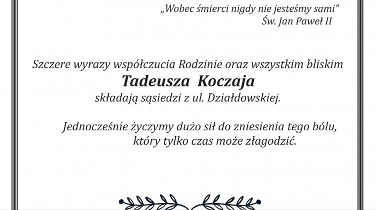 Kondolencje dla rodziny śp. Tadeusza Koczaja.