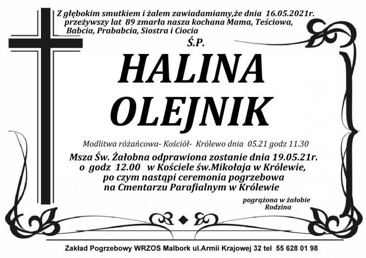 Zmarła Halina Olejnik. Żyła 89 lat.