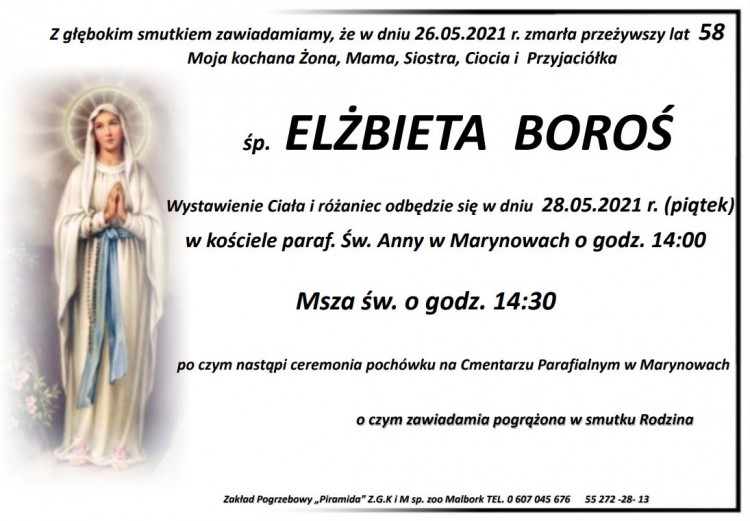 Zmarła Elżbieta Boroś. Żyła 58 lat.