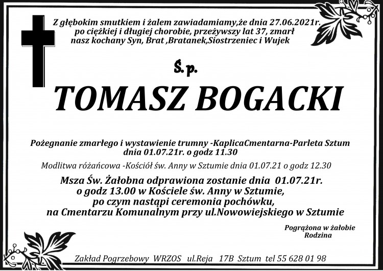 Zmarł Tomasz Bogacki. Żył 37 lat.