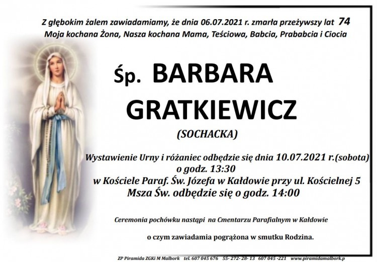 Zmarła Barbara Gratkiewicz. Żyła 74 lata.