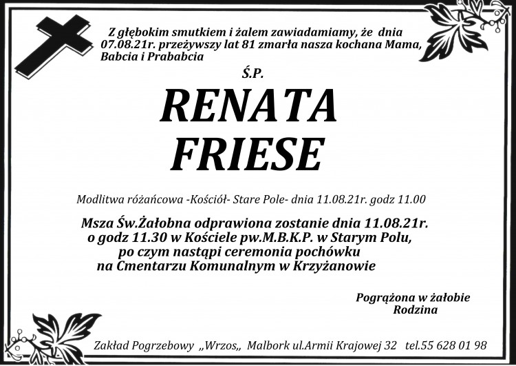 Zmarła Renata Friese. Żyła lat 81.