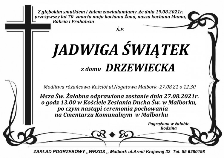 Zmarła Jadwiga Świątek. Żyła 70 lat.