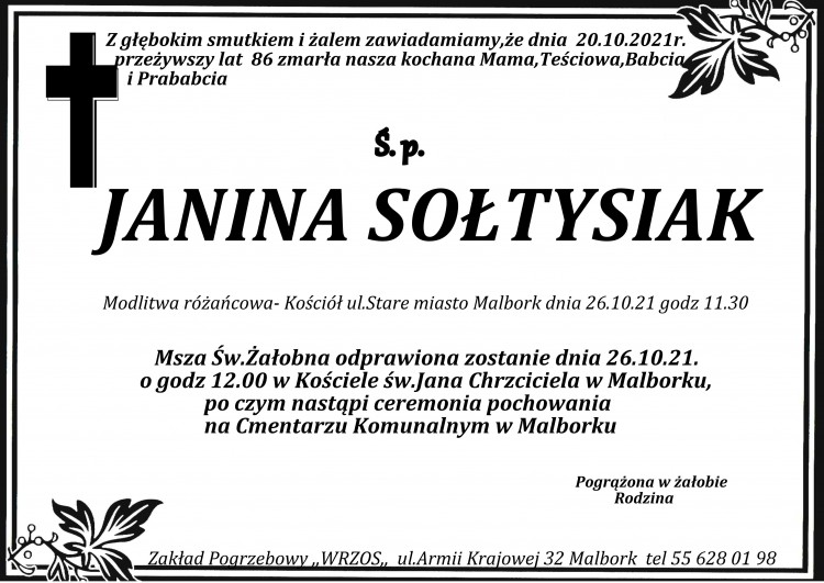 Zmarła Janina Sołtysiak. Żyła 86 lat.