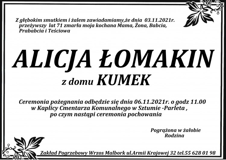 Zmarła Alicja Łomakin. Żyła 71 lat.