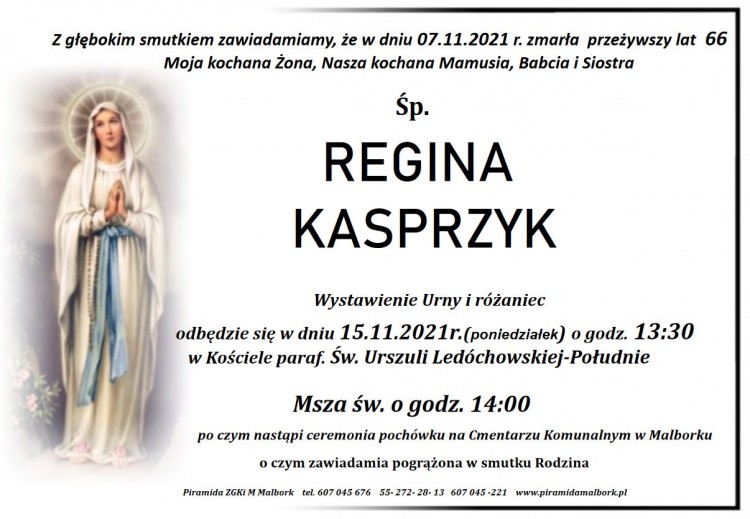 Zmarła Regina Kasprzyk. Żyła 66 lat.