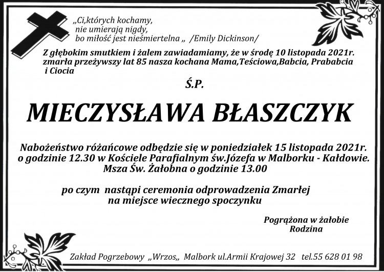 Zmarła Mieczysława Błaszczyk. Żyła 85 lat.