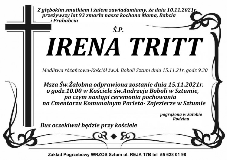 Zmarła Irena Tritt. Żyła 93 lata.