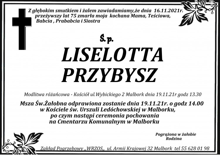 Zmarła Liselotta Przybysz. Miała 75 lat.