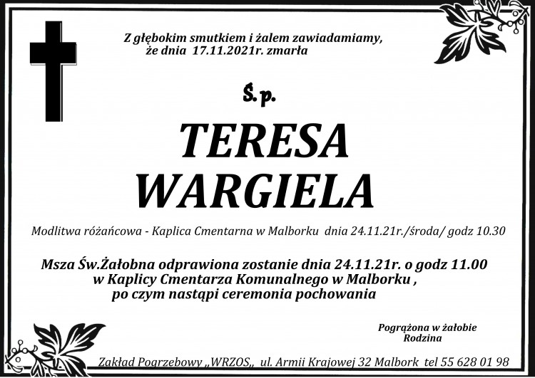 Zmarła Teresa Wargiela. 