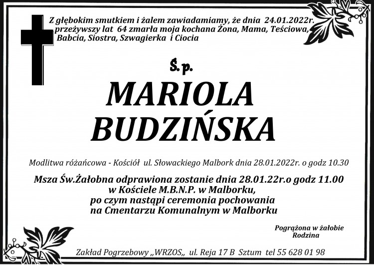 Zmarła Mariola Budzińska. Żyła 64 lata.