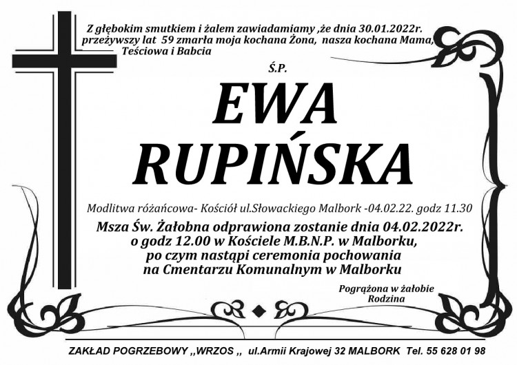 Zmarła Ewa Rupińska. Żyła 59 lat.