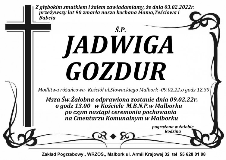 Zmarła Jadwiga Gozdur. Żyła 90 lat.