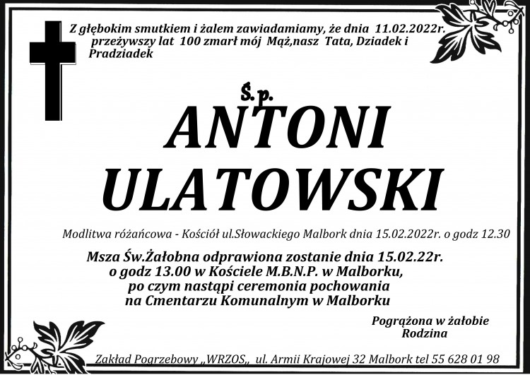 Zmarł Antoni Ulatowski. Żył 100 lat.