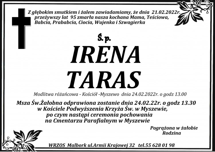 Zmarła Irena Taras. Żyła 95 lat.