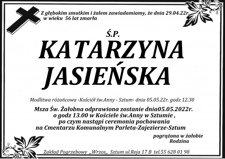 Zmarła Katarzyna Jasieńska. Żyła 56 lat.