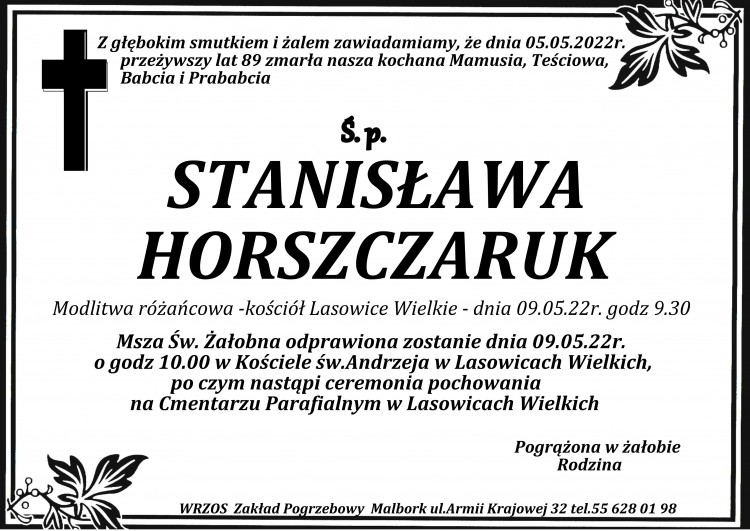 Zmarła Stanisława Horszczaruk. Żyła 89 lat. 