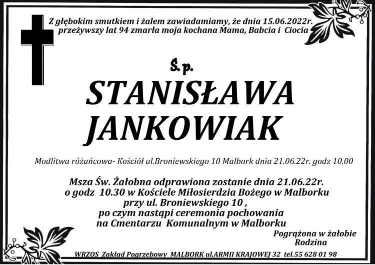 Zmarła Stanisława Jankowiak. Żyła 94 lata.