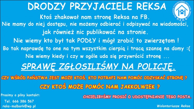 Malbork. Zhakowali profil REKS-a. Stowarzyszenie prosi o pomoc.