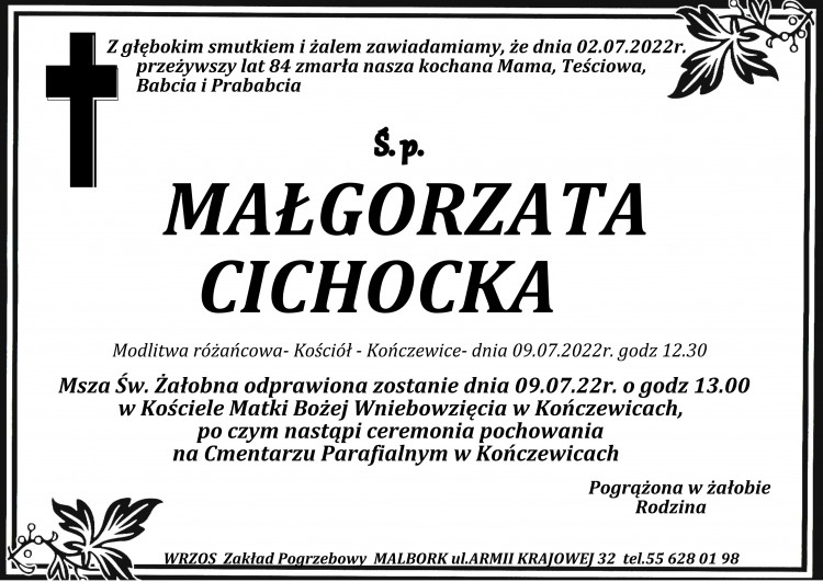 Zmarła Małgorzata Cichocka. Żyła 84 lata.