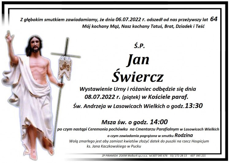 Zmarł Jan Świercz. Żył 64 lata.