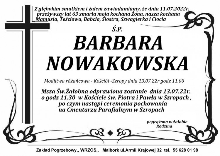 Zmarła Barbara Nowakowska. Żyła 63 lata.