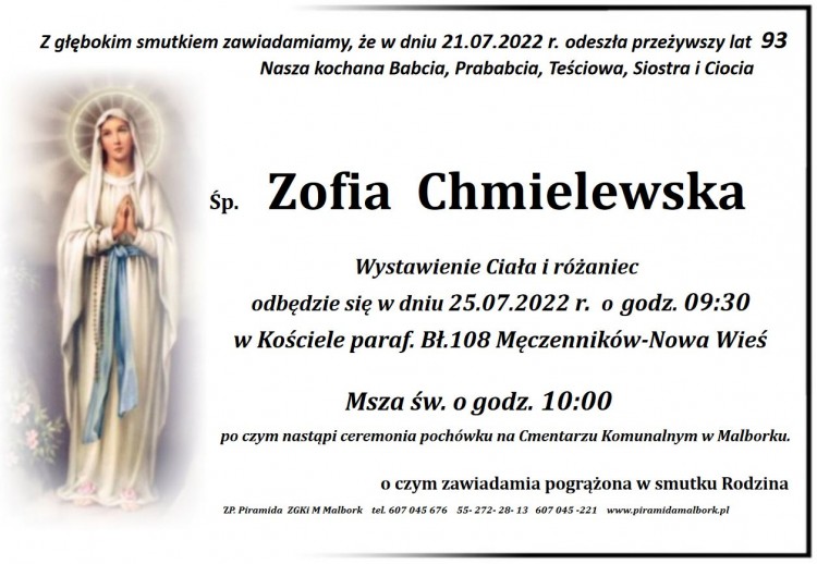 Zmarła Zofia Chmielewska. Żyła 93 lata.