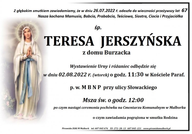 Zmarła Teresa Jerszyńska. Żyła 67 lat.