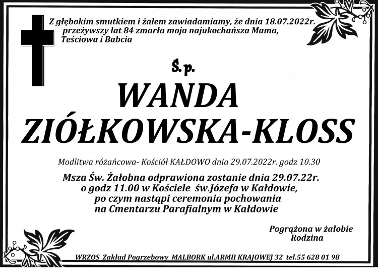 Zmarła Wanda Ziółkowska - Kloss. Żyła 84 lata.