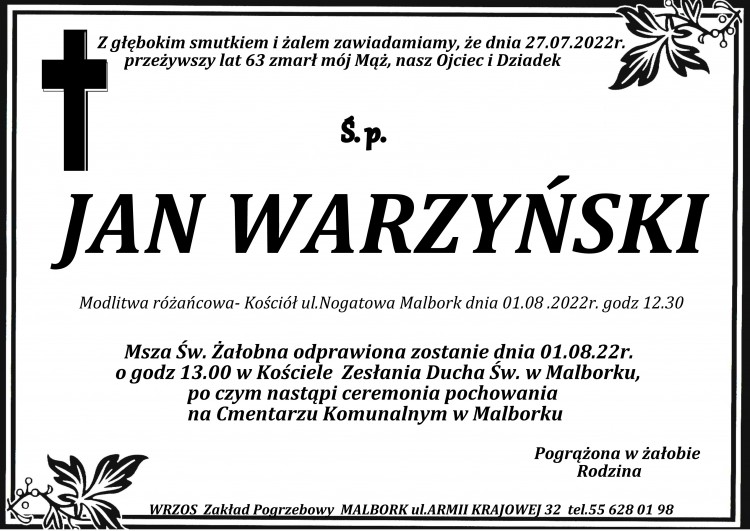 Zmarł Jan Warzyński. Żył 63 lata.