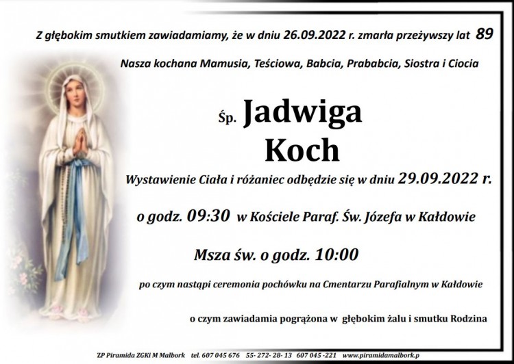 Zmarła Jadwiga Koch. Żyła 89 lat.