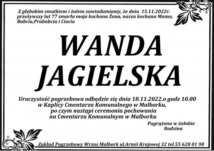 Zmarła Wanda Jagielska. Żyła 77 lat.