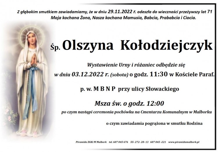 Zmarła Olszyna Kołodziejczyk. Miała 71 lat.