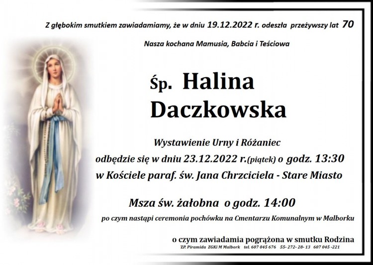 Zmarła Halina Daczkowska. Miała 70 lat.