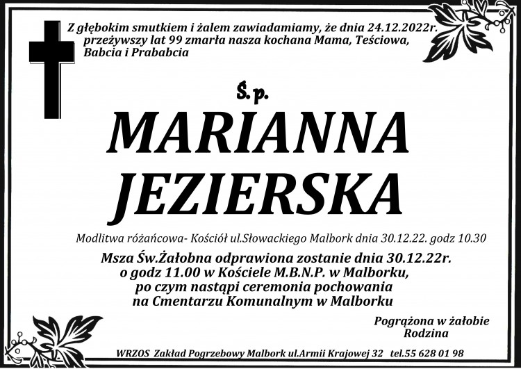 Zmarła Marianna Jezierska. Żyła 99 lat.