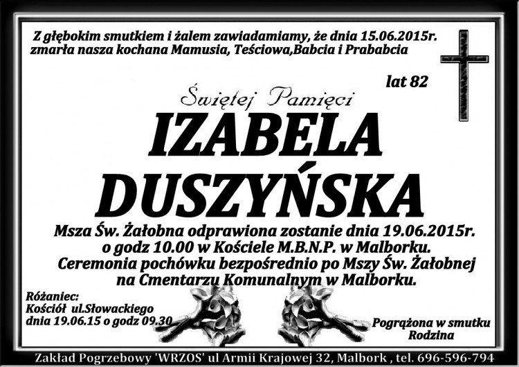 ZMARŁA IZABELA DUSZYŃSKA. ŻYŁA 82 LATA.