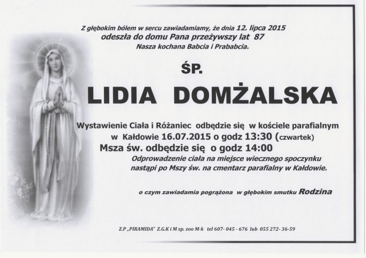 ZMARŁA LIDIA DOMŻALSKA. ŻYŁA 87 LAT.