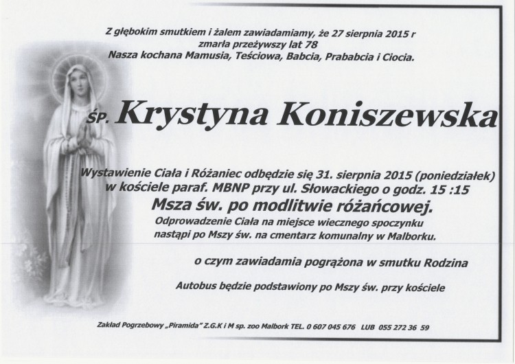 ZMARŁA KRYSTYNA KONISZEWSKA. ŻYŁA 78 LAT