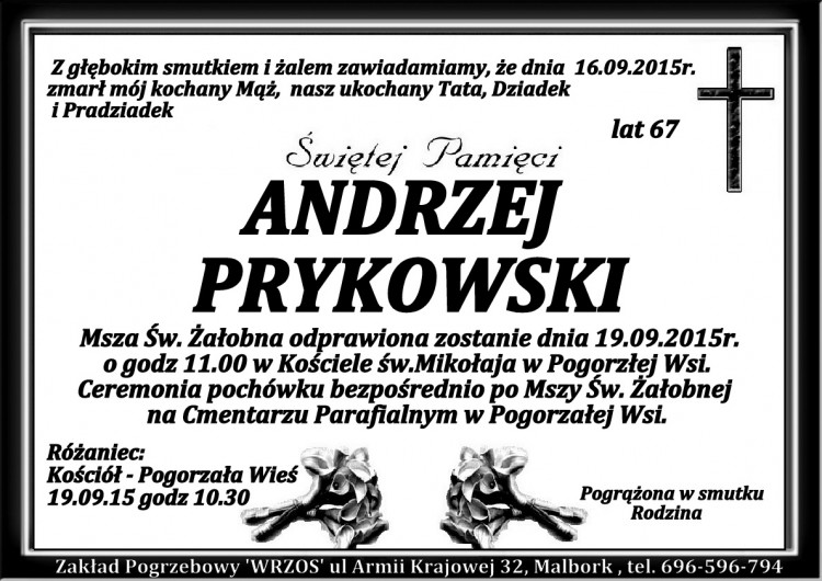 ZMARŁ ANDRZEJ PRYKOWSKI. ŻYŁ 67 LAT.