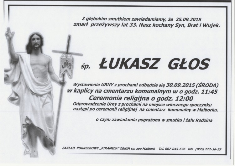 Zmarł Łukasz Głos. Żył 33 lata.