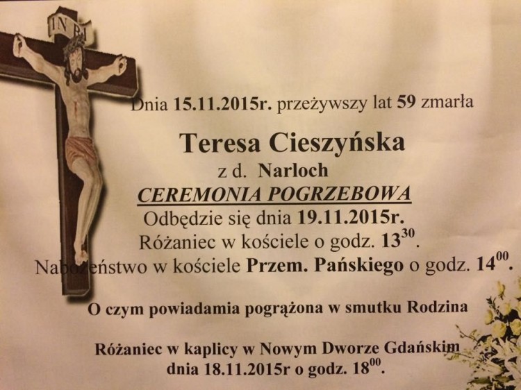 Zmarła Teresa Cieszyńska z d.Narloch. Żyła lat 59.