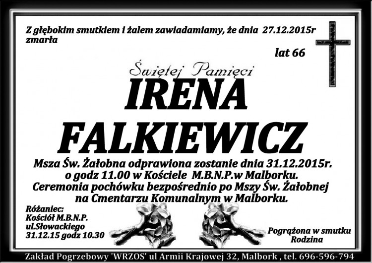 Zmarła Irena Falkiewicz. Żyła 66 lat.  