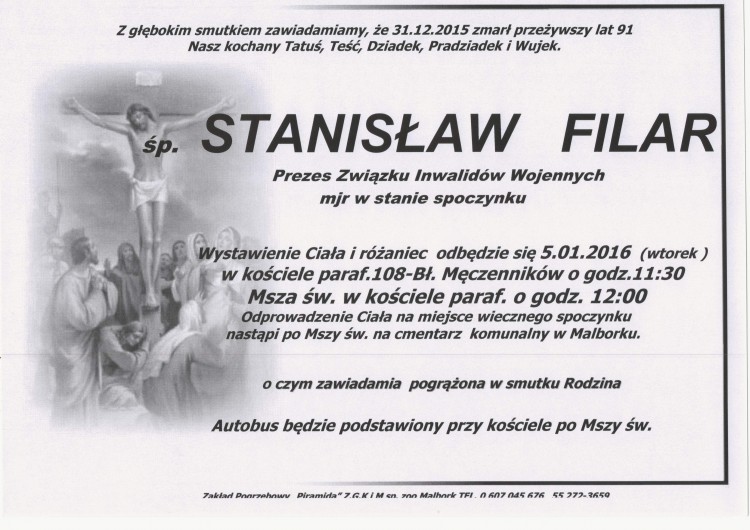 Zmarł Stanisław Filar. Żył 91 lat.