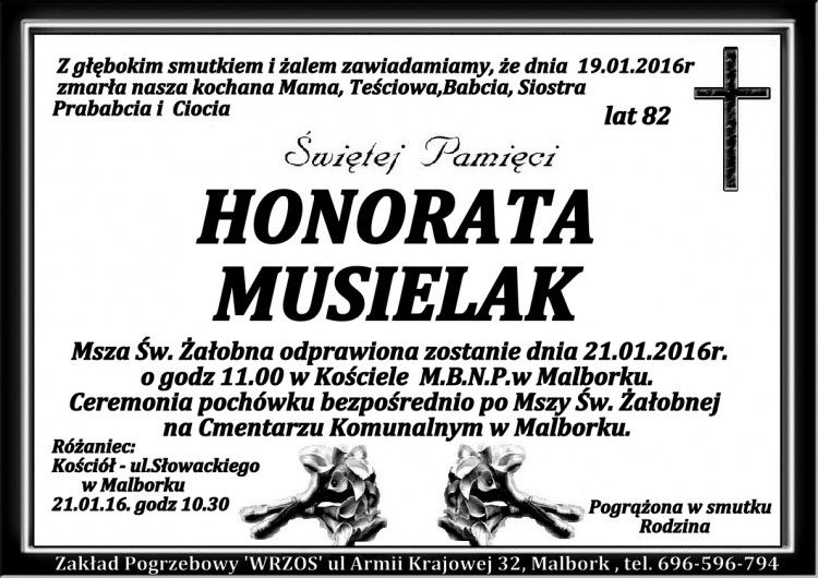 Zmarła Honorata Musielak. Żyła 82 lata.