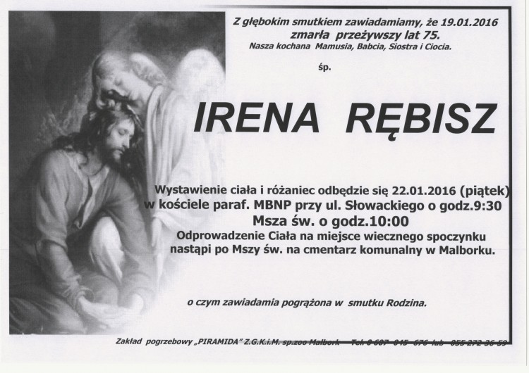 Zmarła Irena Rębisz. Żyła 75 lat.