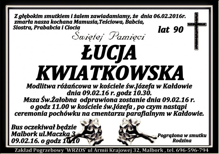 Zmarła Łucja Kwiatkowska. Żyła 90 lat.